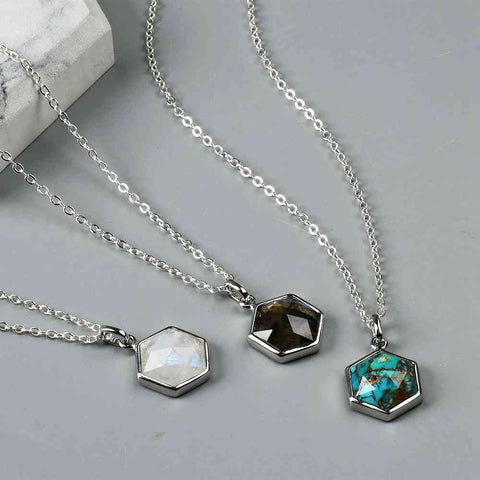 Hexagon Silver Bezel Briolette Gemstone Pendant Natural Labradorite Moonstone Copper Turquoise Healing Crystal Pendants Necklace ZS0473