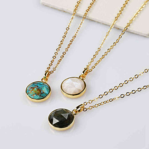 Small Round Gold Bezel Briolette Gemstone Pendant Natural Labradorite Moonstone Copper Turquoise Healing Crystal Pendants Necklace ZG0471