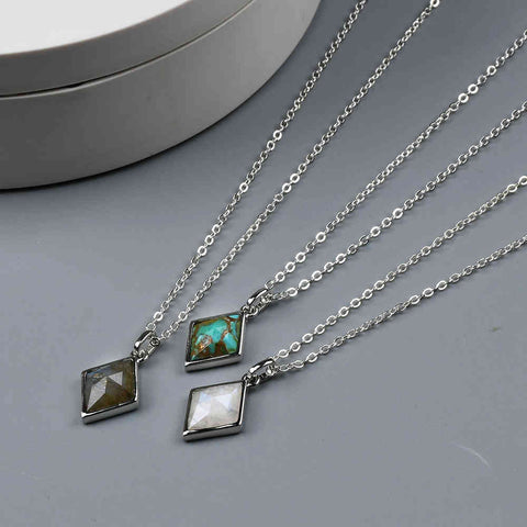 Diamond Shape Silver Bezel Briolette Gemstone Pendant Natural Labradorite Moonstone Copper Turquoise Healing Crystal Pendants Necklace ZS0474