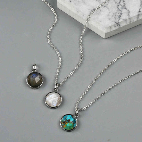 Small Round Silver Bezel Briolette Gemstone Pendant Natural Labradorite Moonstone Copper Turquoise Healing Crystal Pendants Necklace ZS0471