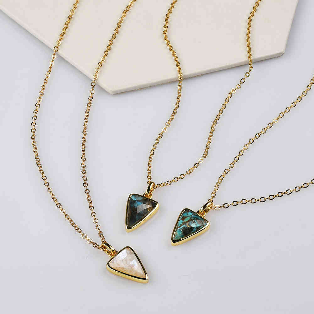 Triangle Gold Bezel Briolette Gemstone Pendant Natural Labradorite Moonstone Copper Turquoise Triangle Pendants ZG0476