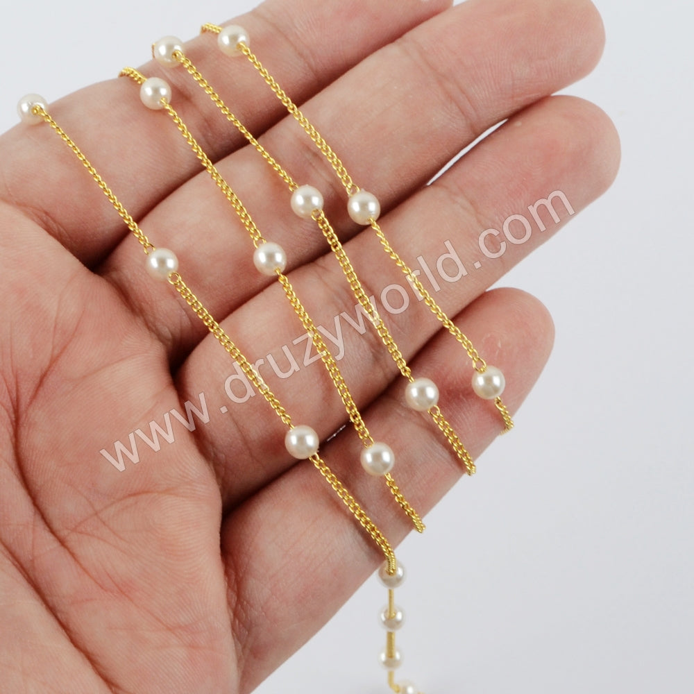 Pearl Rosary Chains Finding In Gold Plated, Pearl Bead Chain For Making Jewelry Necklace JT269