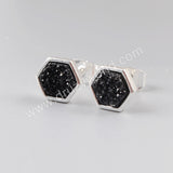 Silver Plated Bezel Hexagon Rainbow Natural Titanium Druzy Stud Earrings ZS0275