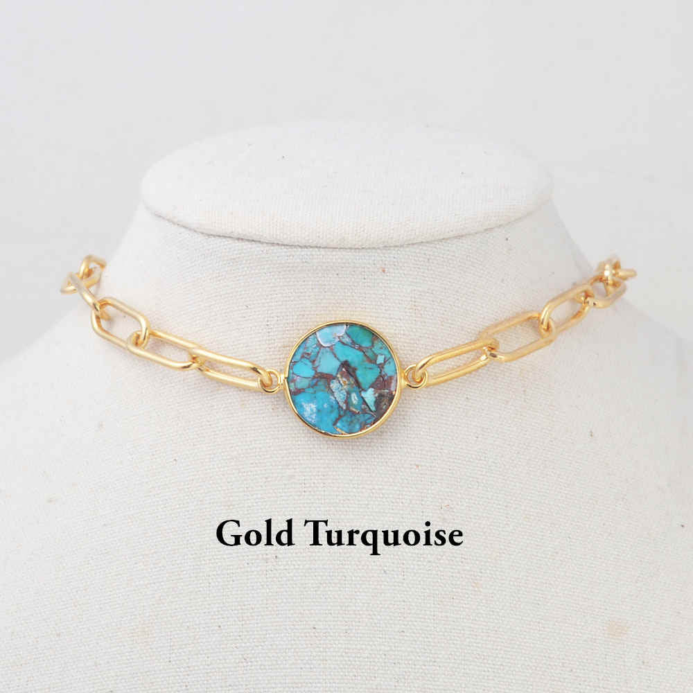 14" Natural Stone White Quartz Turquoise Chain Choker Necklace HD0353