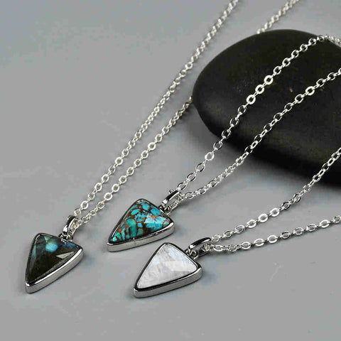 16" Triangle Silver Bezel Briolette Gemstone Pendant Natural Labradorite Moonstone Copper Turquoise Triangle Pendants ZS0476-N