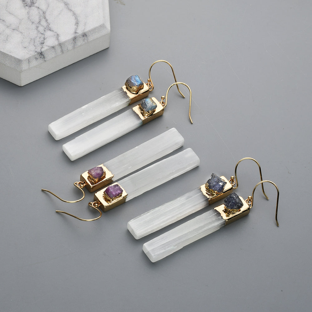 Gold Plated Rectangle Natural Selenite Crystal Earrings, Pave Raw Gemstone Chips, Healing Jewelry, Boho Earrings G2091 Labradorite Amethyst Sapphire Earrings