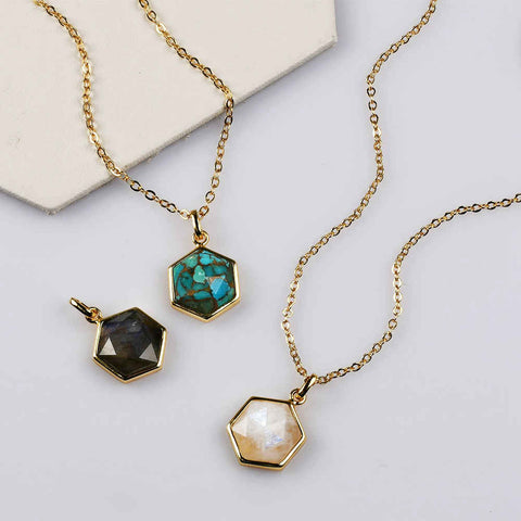 Hexagon Gold Bezel Briolette Gemstone Pendant Natural Labradorite Moonstone Copper Turquoise Healing Crystal Pendants Necklace ZG0473