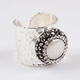 Silver Plated Brass Natural Pearl Rhinestone Band Ring Cuff JAB795