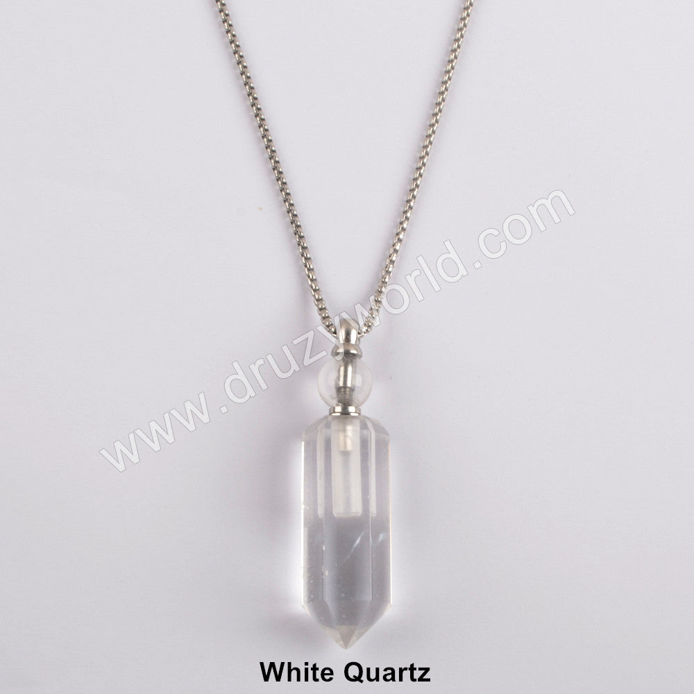 Silver Natural white quartz perfume bottle necklace