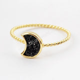 Crescent Gold Plated Natural Agate Titanium Rainbow Druzy Moon Bezel Ring ZG0295