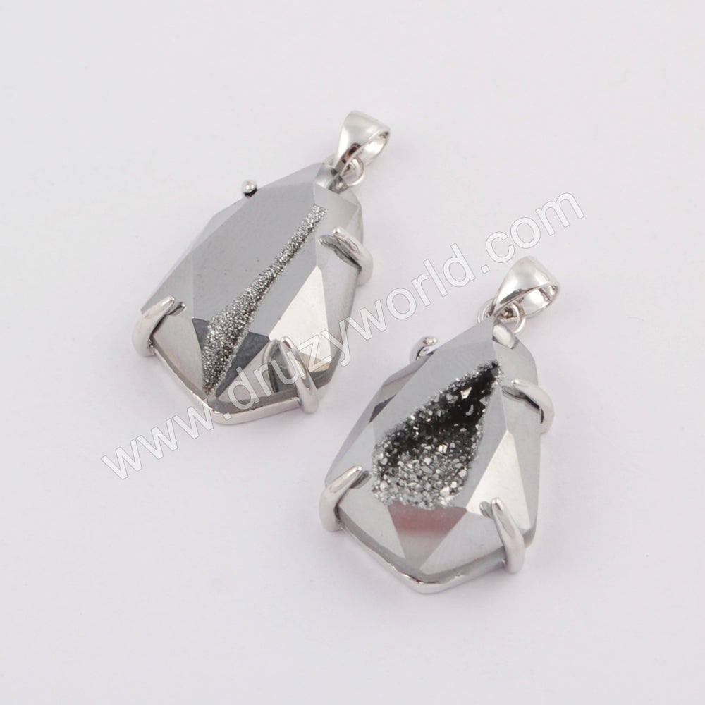 Teardrop Silver Plated Claw Rainbow Titanium Druzy Faceted Pendant ZS0334