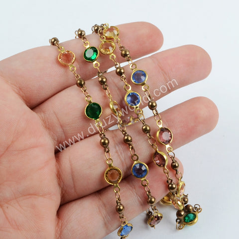 5m/lot,Gold Plated 7mm Rainbow Crystal Faceted Coin Rosary Chains JT199