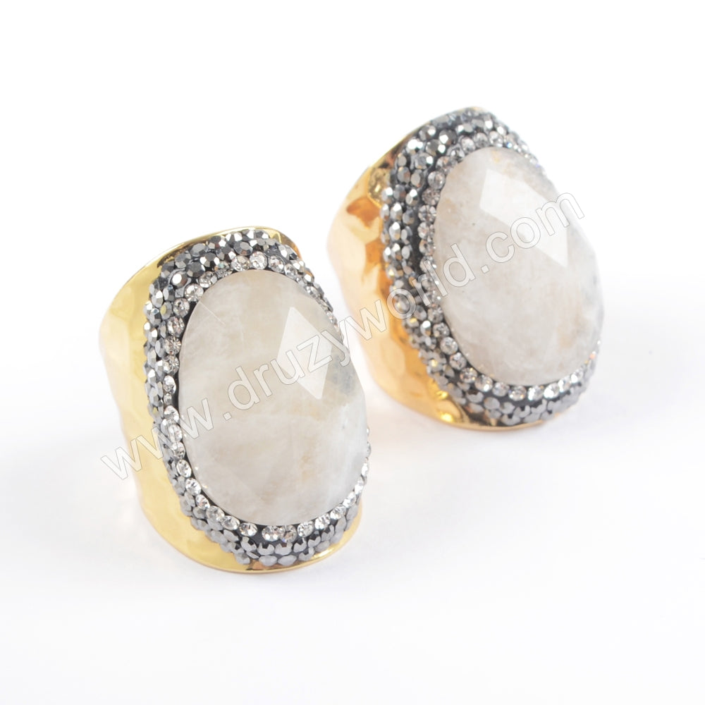 Gold Plated Rhinestone Pave Natural White Stone Ring In Silver JAB948