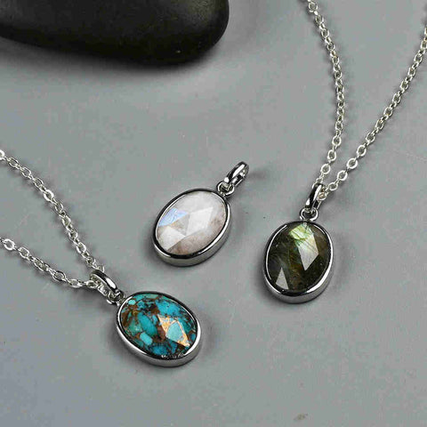 Oval Silver Bezel Briolette Gemstone Pendant Natural Labradorite Moonstone Copper Turquoise Oval Healing Crystal Pendants ZS0475