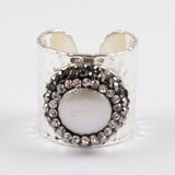 Silver Plated Brass Natural Pearl Rhinestone Band Ring Cuff JAB795