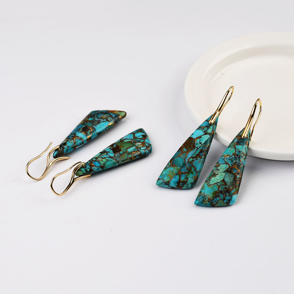 Long Triangle Drop Gold Plated Natural Copper Turquoise Dangle Earrings G2078-1