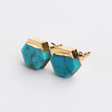 Gold Plated Cap Natural Pure Turquoise Stud Earrings, Gemstone Boho Jewelry G2077