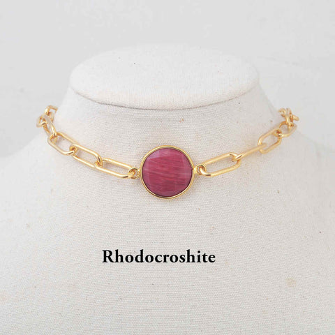 14" Natural Stone Gold Chain Choker Necklace: Red Coral Turquoise Rhodonite Necklace HD0353