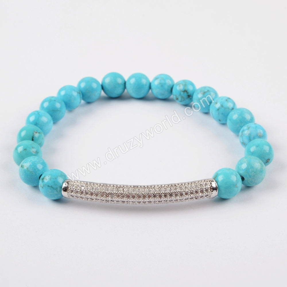 CZ Tube Bar With 8mm Gemstone Beads Bracelet Silver Plated S1475