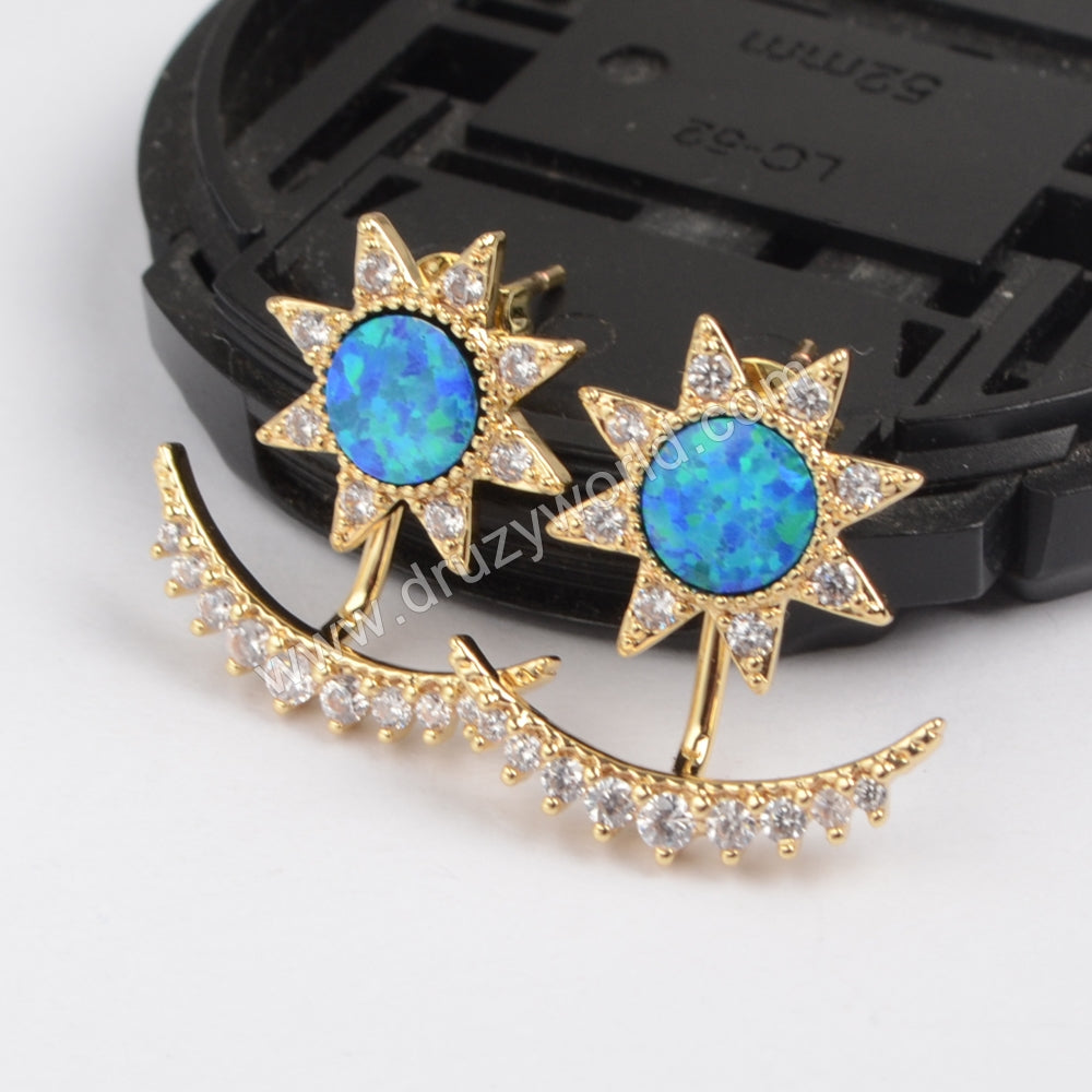 Gold Plated Bezel Blue Opal CZ Moon Star Stud Earrings ZG0217
