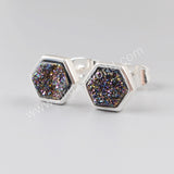 Silver Plated Bezel Hexagon Rainbow Natural Titanium Druzy Stud Earrings ZS0275