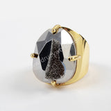 Egg Shape Gold Plated Claw Rainbow Titanium Druzy Faceted Ring ZG0312