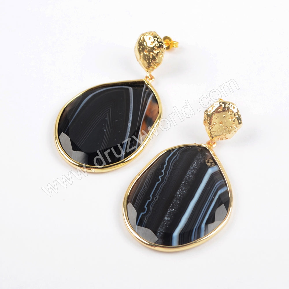 Gold/Silver Plated Bezel Onyx Agate Earring WX1177