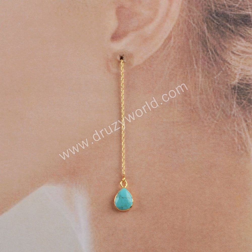 Teardrop Natural Turquoise Threader Earrings Gold Plated, Gemstone Dangle Earring G1345