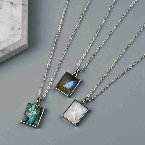 Rectangle Silver Bezel Briolette Gemstone Pendant Natural Labradorite Moonstone Copper Turquoise Healing Crystal Pendants Necklace ZS0472