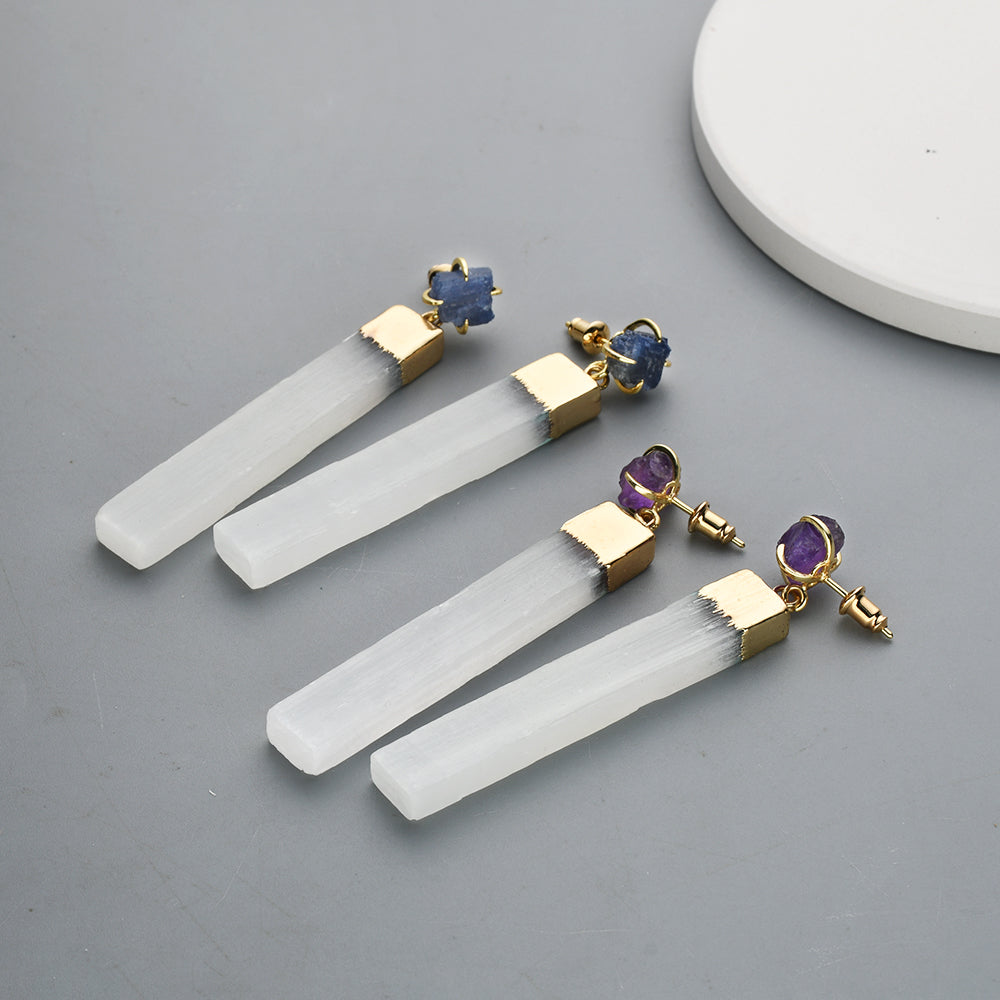 Gold Plated Claw Raw Gemstone Chips & Selenite Bar Stud Earrings, Healing Crystal Stone Jewelry, Boho Earrings ZG0491 Sapphire Amethyst Earrings