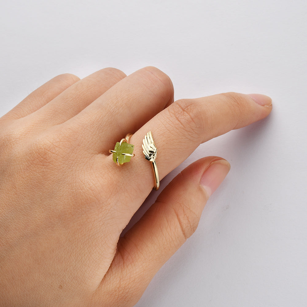 Gold Wing & Raw Crystal Ring, Adjustable, Gold Plated Brass Claw Gemstone Ring, Birthstone Ring, Healing Jewelry ZG0489