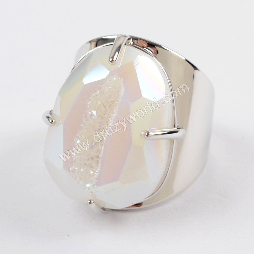 Claw Natural Titanium Druzy Faceted Ring For Women Silver Plated ZS0312