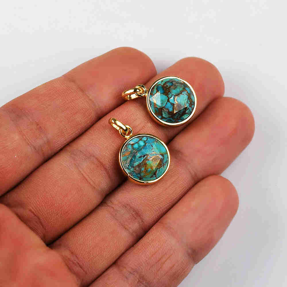 Small Round Gold Bezel Briolette Gemstone Pendant Natural Labradorite Moonstone Copper Turquoise Healing Crystal Pendants Necklace ZG0471