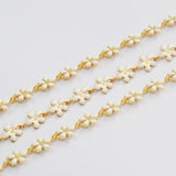 16 Feet Gold Plated Brass White Flower Oil Dripping Chain, Enamel Paint Flower Chain, For Necklace Bracelet Jewelry Making, Wholesale Supply PJ491