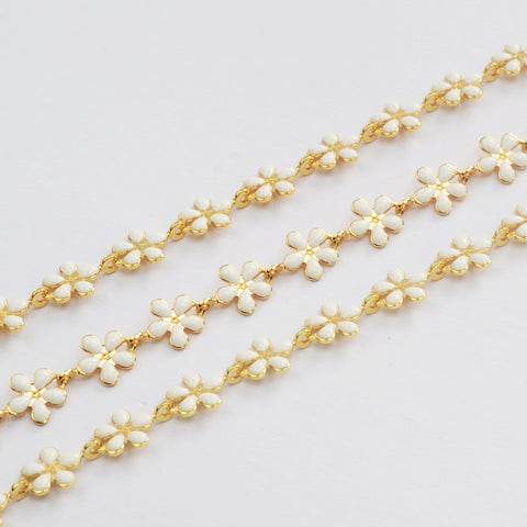 16 Feet Gold Plated Brass White Flower Oil Dripping Chain, Enamel Paint Flower Chain, For Necklace Bracelet Jewelry Making, Wholesale Supply PJ491