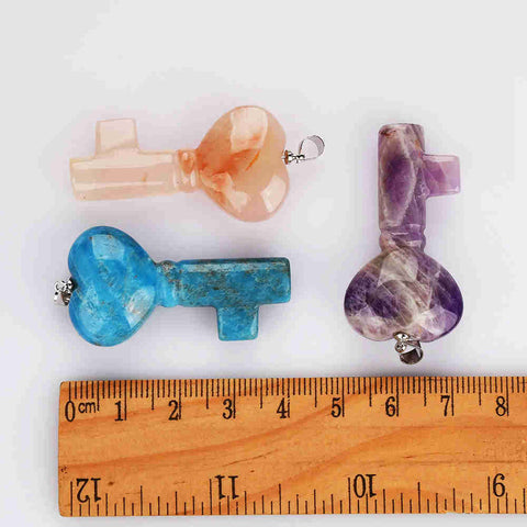 Silver Heart Key Rainbow Gemstone Pendant Polished Natural Crystal Jewelry WX2116
