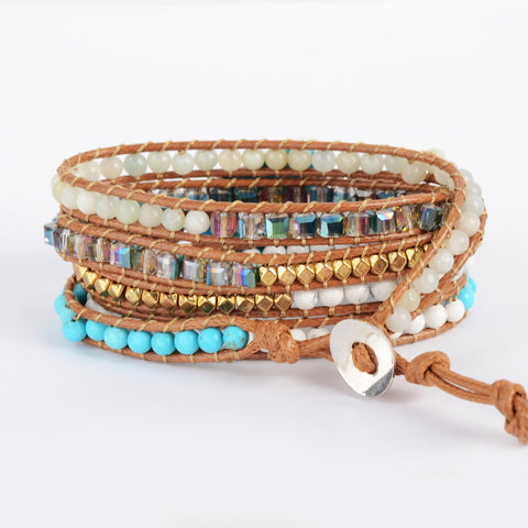 Silver Blue Howlite Turquoise Leather Bracelet, Rainbow Gemstone Gold Beads, Boho Jewelry HD0071