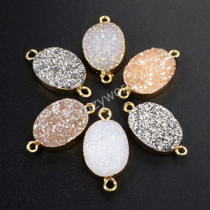 Gold Plated Oval Natural Agate Titanium Rainbow Druzy Connector G1073