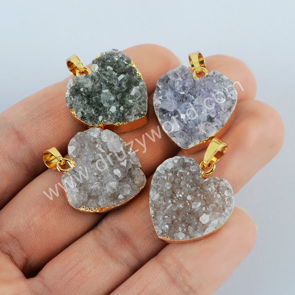 Gold Plated Heart Natural Colors Agate Druzy Pendant G2019