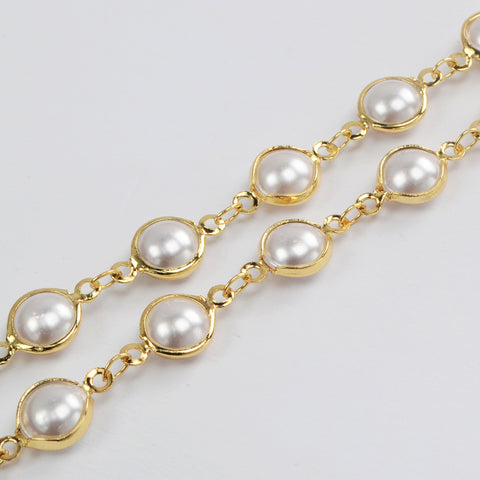 16 Feet Gold Plated Brass Round Pearl Chain, Pearl Bead Chain, For Necklace Bracelet Jewelry Making, Wholesale Supply PJ492