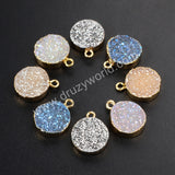 Gold Plated Round 12mm Rainbow Natural Agate Titanium Druzy Charm G1075