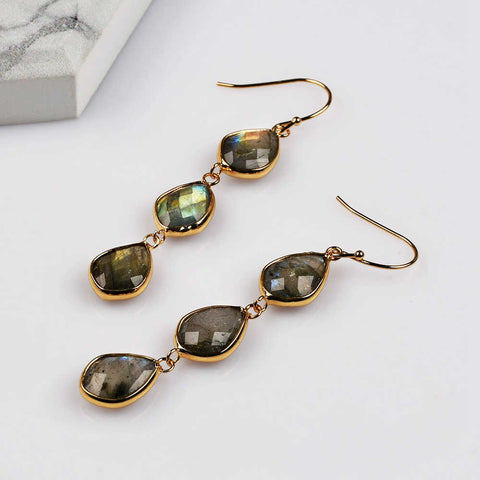 Teardrop Gold Plated Briolette Natural Labradorite Dangle Earrings Faceted Crystal Gemstone Earrings G2086