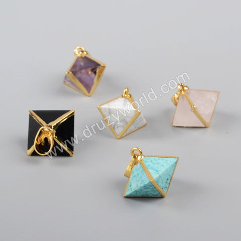 Gold Plated Pyramid Point Multi-Kind Stones Faceted Pendant Bead G1004