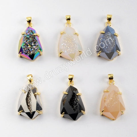 Teardrop Druzy Pendant,Gold Plated Claw Rainbow Titanium Agate Druzy Faceted Pendant ZG0334