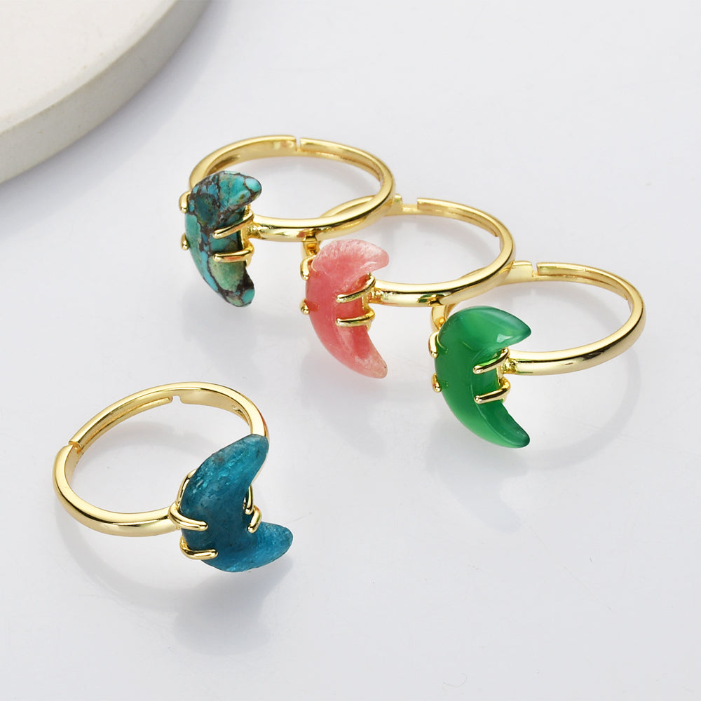copper turquoise ring, rhodochrosite ring, australia jade ring, apatite ring, moon ring, gemstone moon ring