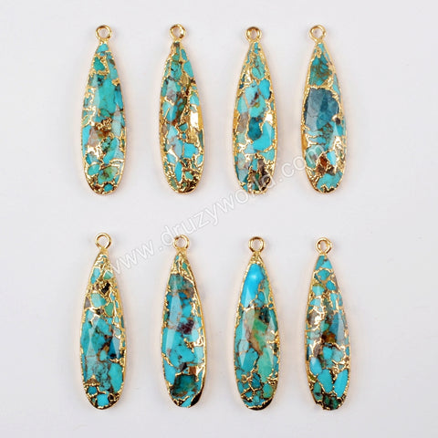 Long Teardrop Gold Plated Natural Copper Turquoise Charm G1547