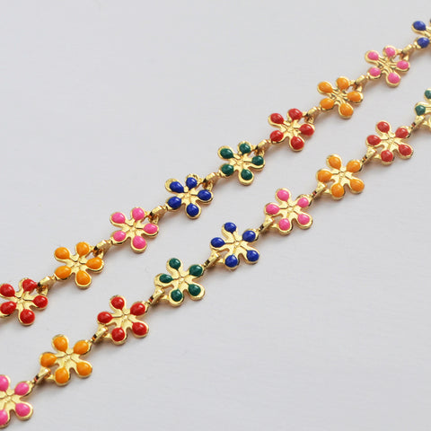 16 Feet Gold Plated Brass Rainbow Oil Dripping Flower Chain, Enamel Paint Chain, For Necklace Bracelet Jewelry Making, Wholesale Supply PJ496