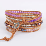 Silver Purple Sugilite Stone 4mm Stone Beads Layers Leather Wrap Bracelet, Handmade Boho Jewelry HD0068