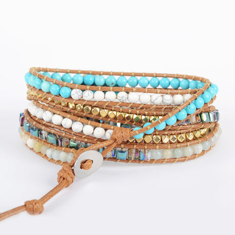 Gold Natural Real Turquoise Leather Bracelet, Rainbow Amazonite & Howlite and Gold Beads, Meditation Protection Inspiring Jewelry HD0075