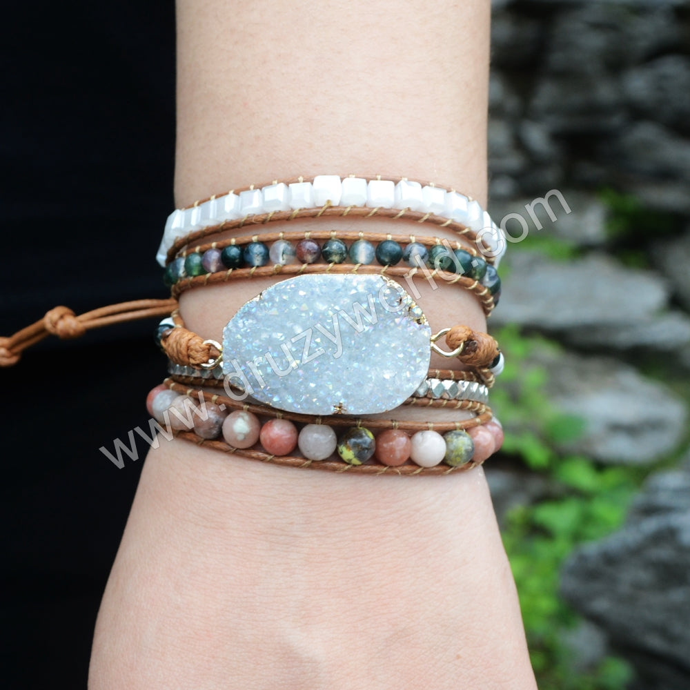 Bohemia Natural Druzy Geode 4mm Multi Kind Beads Layers Leather Wrap Bracelet, Handmade Boho Jewelry HD0039